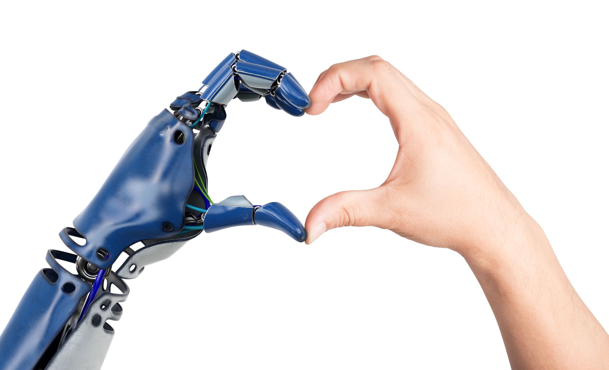 Robot hand and human hand forming a heart