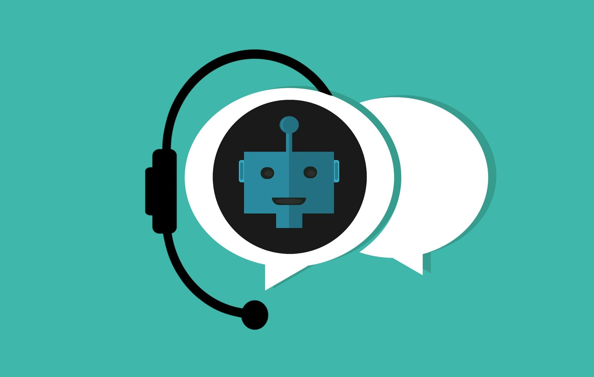 Image of a robot, embedded in speech bubbles, wearing a headset. 