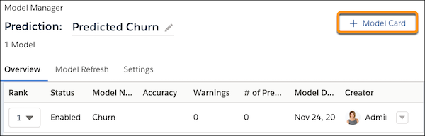 Image of predicted churn model manager with model card option highlighted.